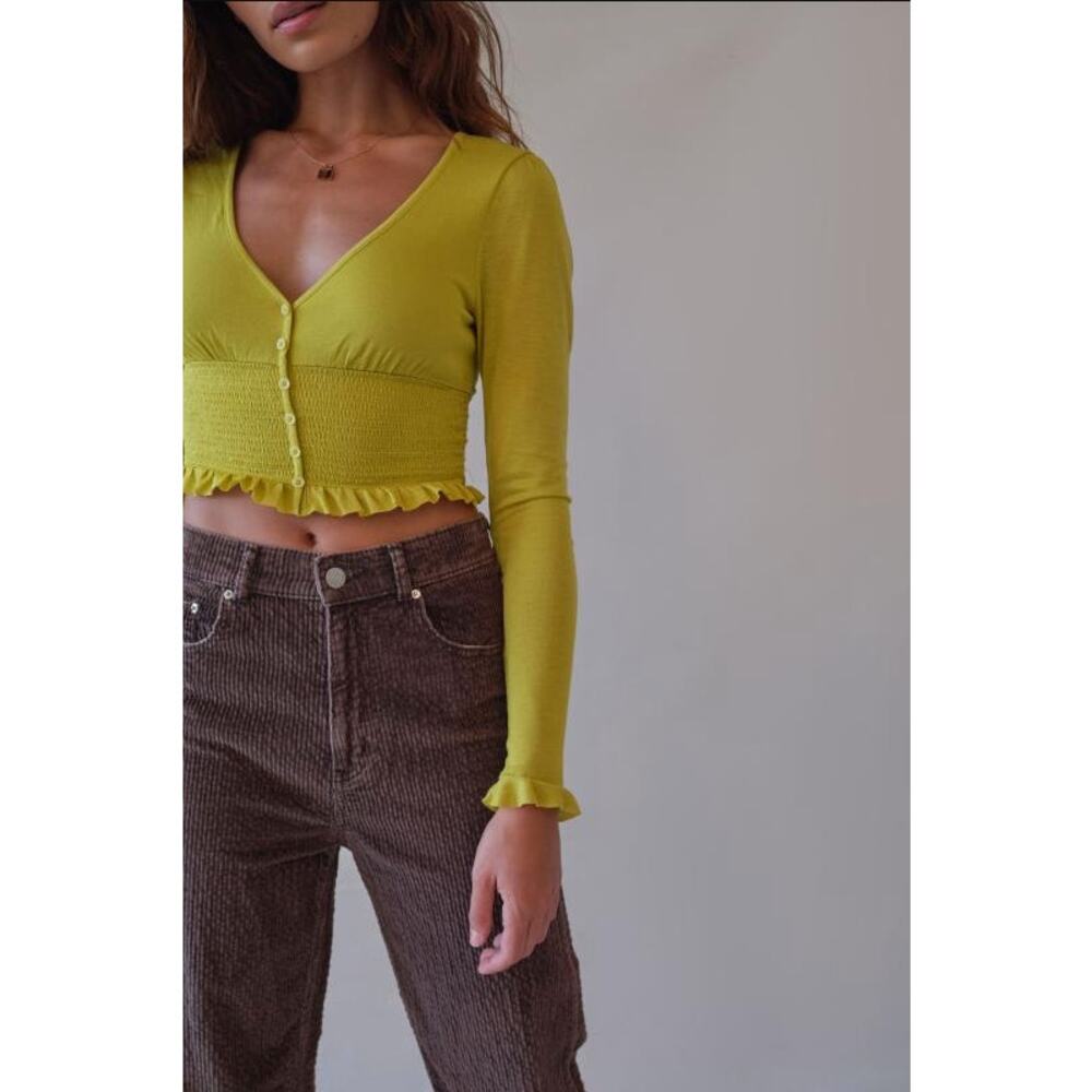 Urban Outfitters Chartreuse Bayside Smocked Button-front Cropped Blouse S